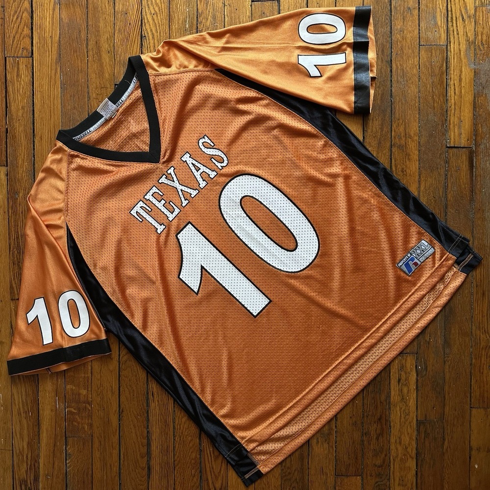 Vtg Y2K Russell Athletic University Texas‎ #10 Football Jersey Men XXL Orange